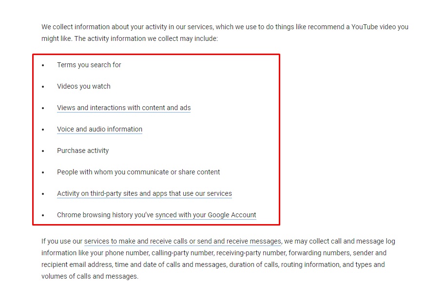 Google Privacy and Terms: Information collected excerpt