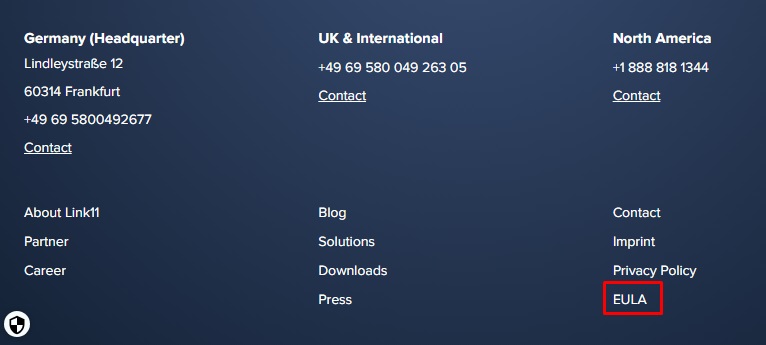 Link11 website footer with EULA link highlighted