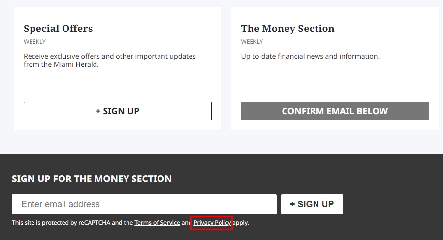 Miami Herald newsletter sign up form with Privacy Policy link highlighted