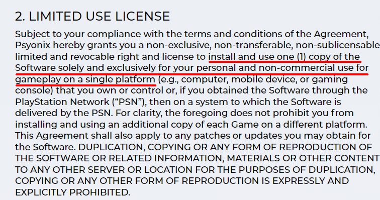 Psyonix EULA: Limited Use License clause