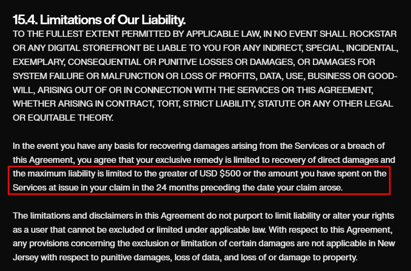 Rockstar Games Legal: Liability clause