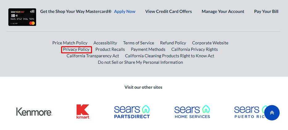 Sears website footer with Privacy Policy link highlighted