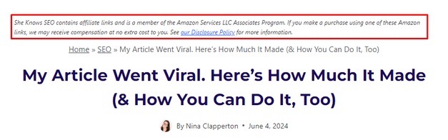 She Knows SEO Affiliate disclaimer