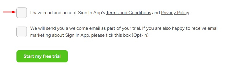 Sign in app with agree checkbox highlighted