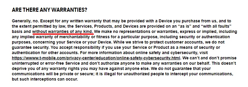 T-Mobile Terms and Conditions: Warranties clause
