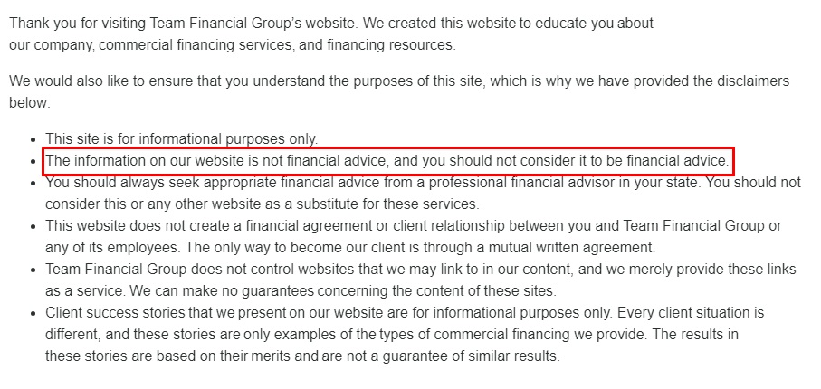 Team Financial Group disclaimer