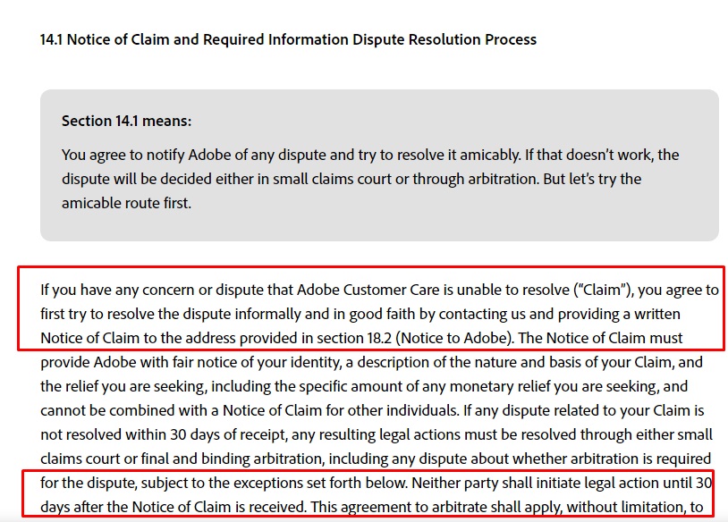 Adobe Terms of Use: Arbitration clause