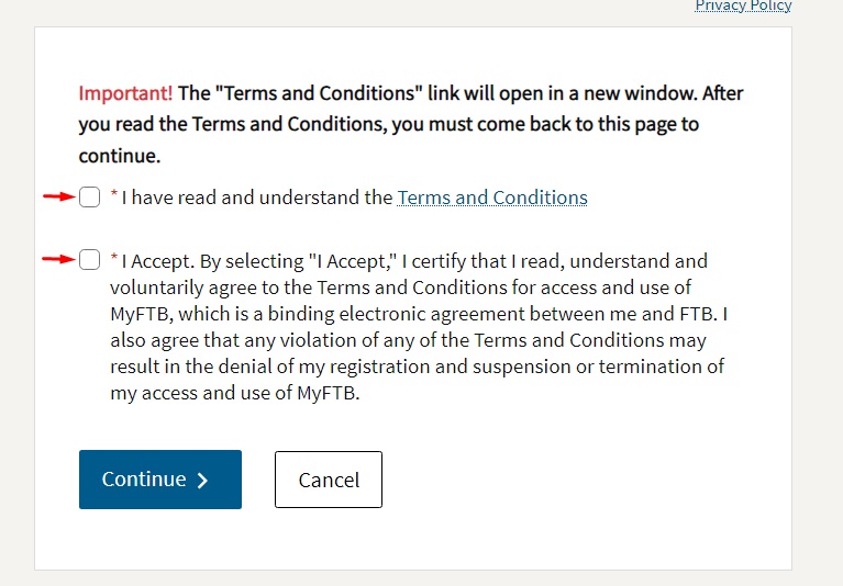 Generic agree to Terms checkbox form screenshot