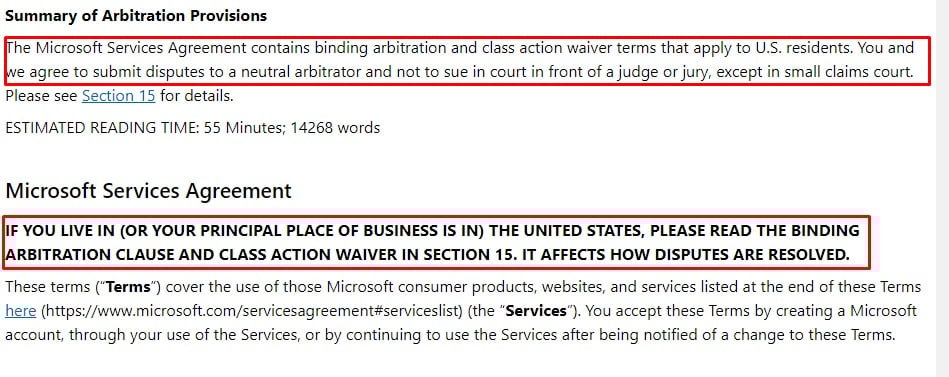 Microsoft Services Agreement: Arbitration clause