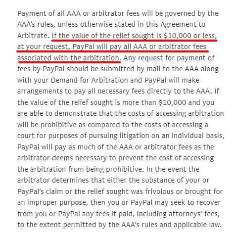 PayPal User Agreement: Arbitration clause