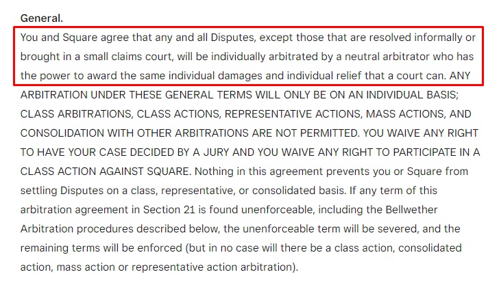 Square Terms of Service: Arbitration clause