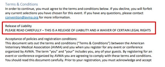 AVNA Terms and Conditions: Release of liability highlighted
