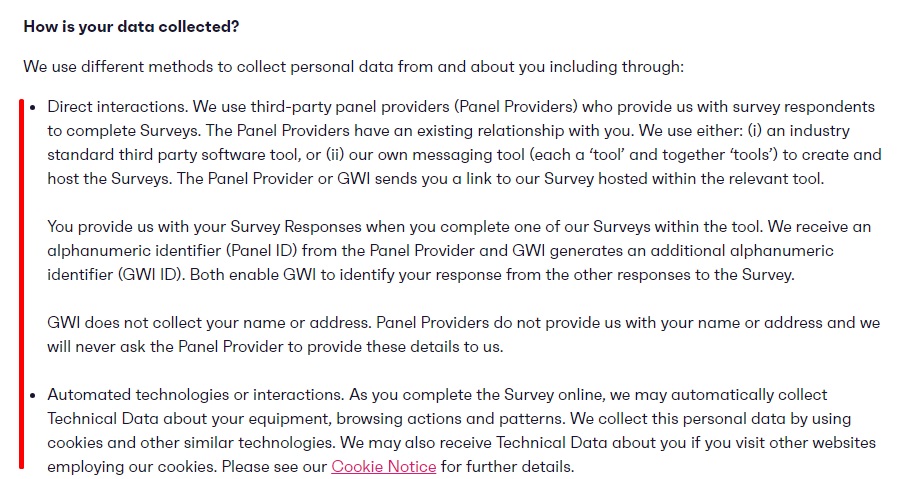 GWI Privacy Policy: How is data collected clause