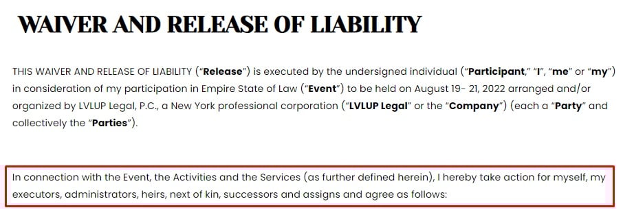 LVLUP Legal Waiver and Release of Liability form