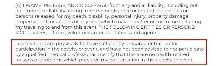 McLennan Community College Accident waiver and release form excerpt