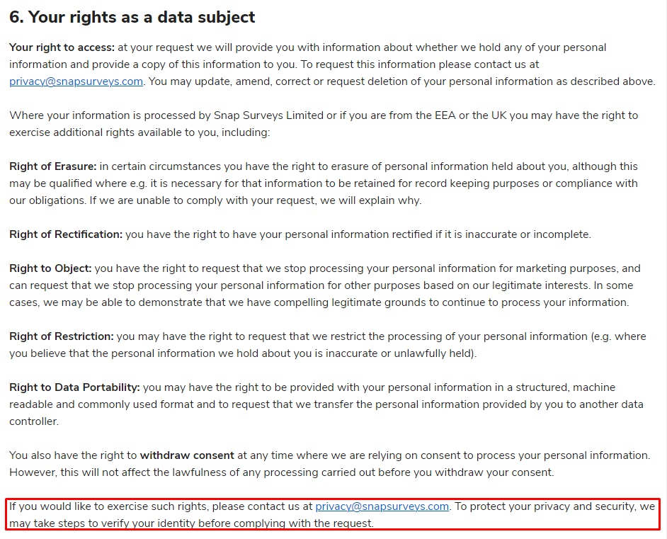 SnapSurveys Privacy Policy: User rights clause