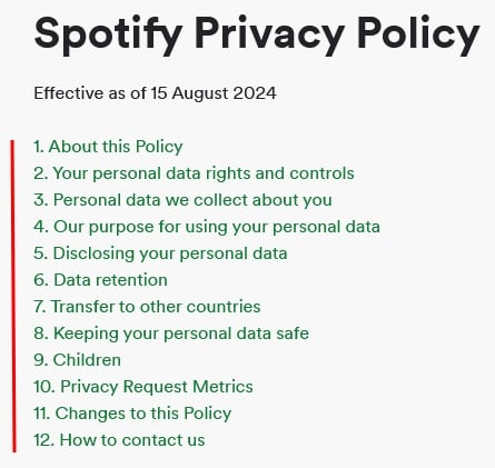 Spotify Privacy Policy table of contents 2024