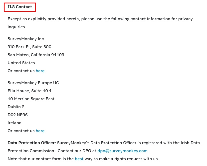 SurveyMonkey Privacy Policy: Contact clause