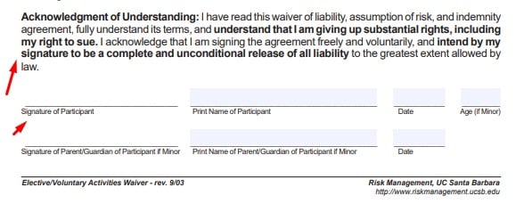 UCSB waiver of liability excerpt
