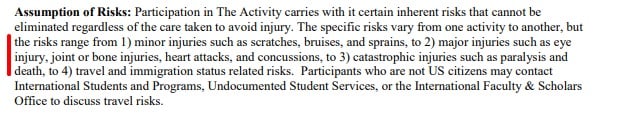 University of California General Waiver: Assumption of Risk clause
