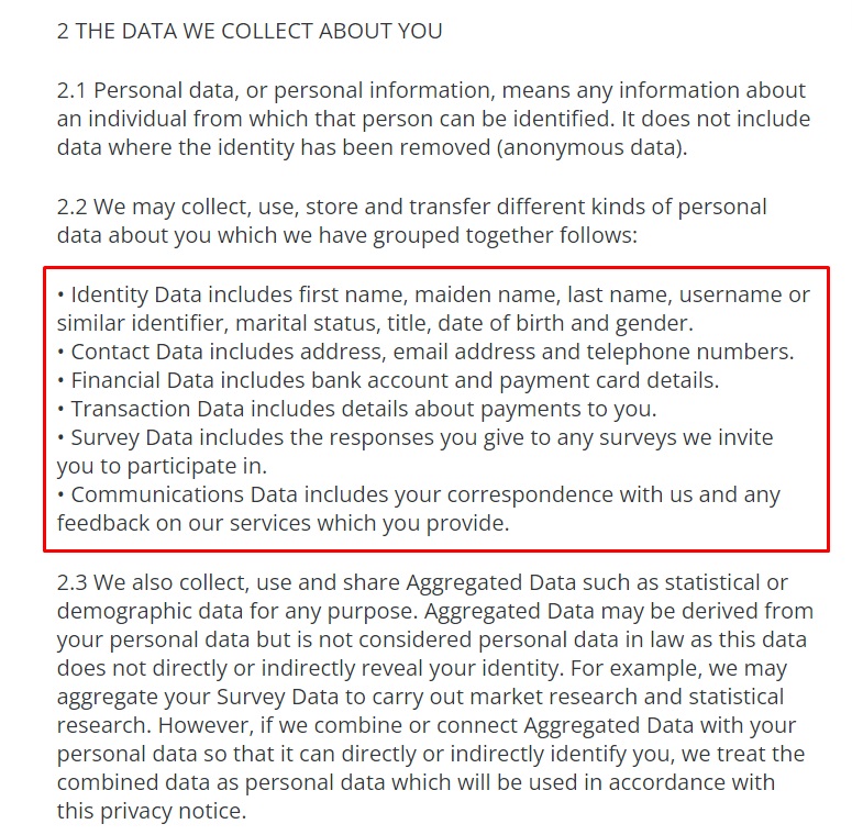 Yonder Consulting Privacy Notice: Data we collect clause