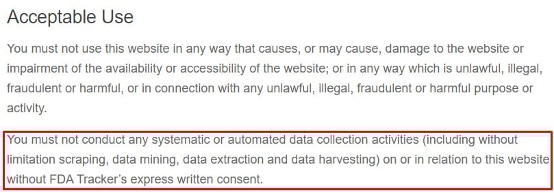 FDA Tracker Terms of Service: Acceptable Use clause