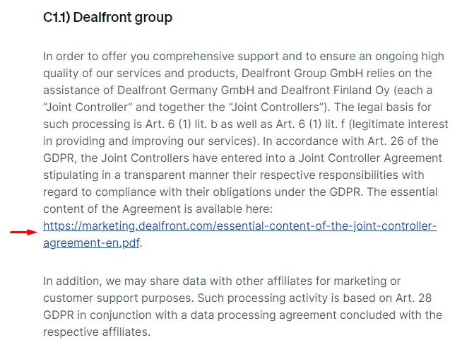 Dealfront Privacy Notice: Joint Controllers section