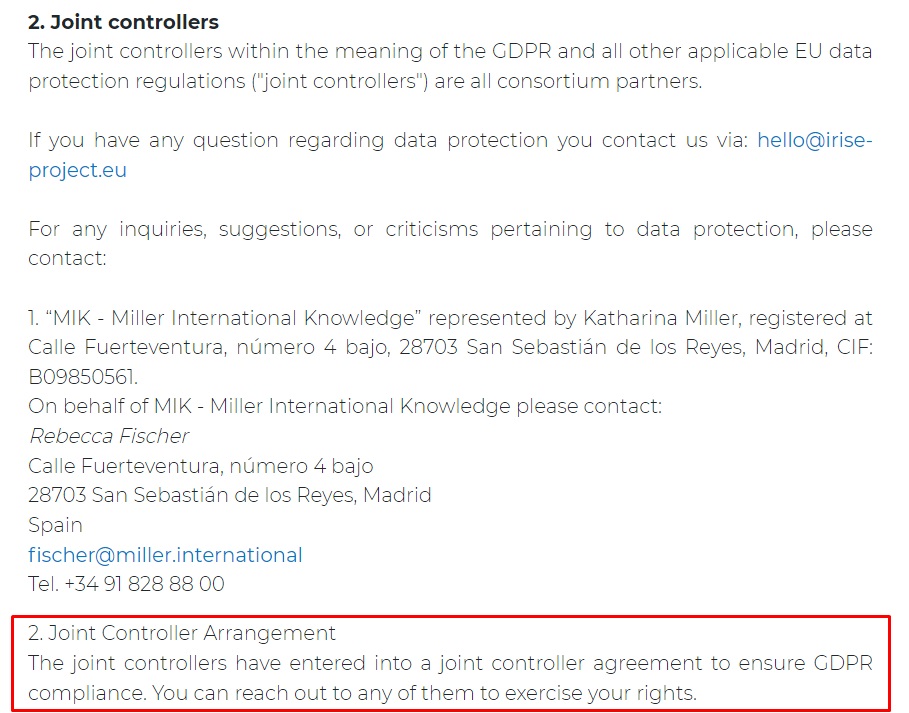 iRISE Privacy Policy: Joint Controllers section