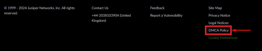Juniper website footer with DMCA Policy link highlighted