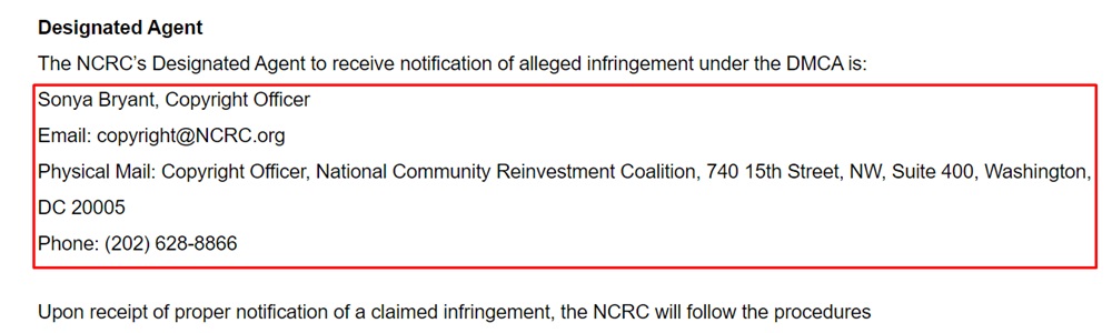 NCRC DMCA Policy: Designated Agent section