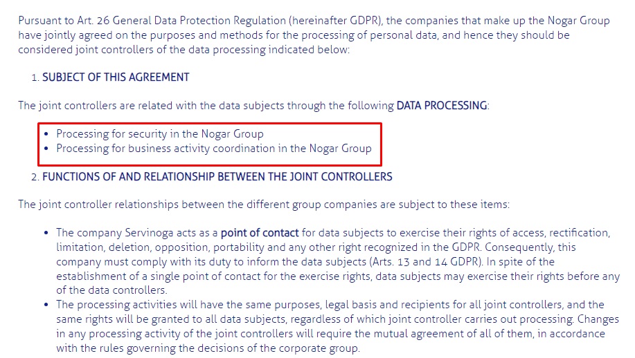 Nogar Group Joint Controller Agreement: Intro section