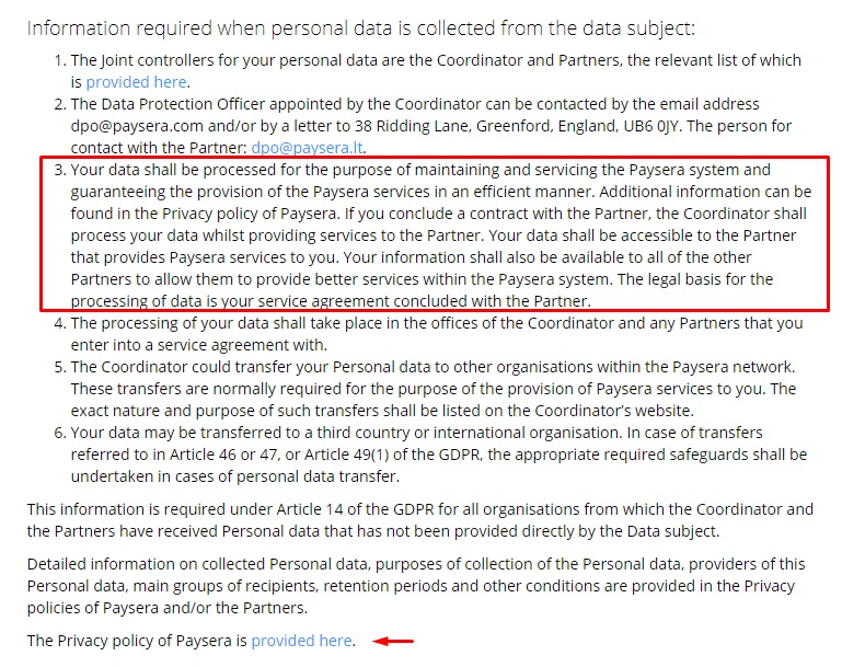 Paysera Joint Controller Agreement excerpt