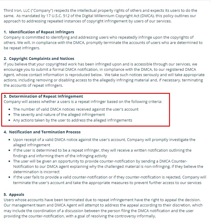 Third Iron DMCA Repeat Infringer Policy excerpt