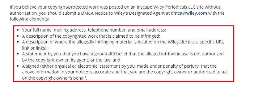 Wiley Periodicals DMCA Notification Policy excerpt