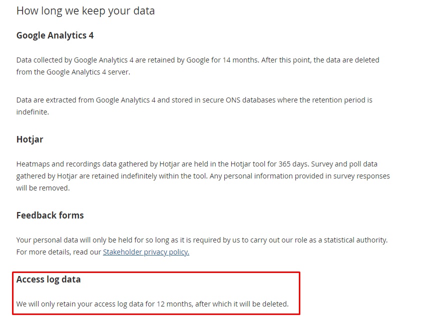 Office of National Statistics Privacy Notice: How long we keep data clause