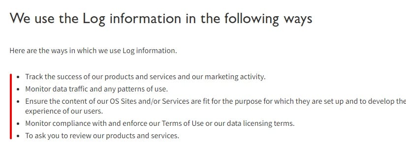 Ordnance Survey Privacy Policy: Log information clause