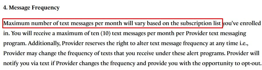 Chambers Creek SMS Terms and Conditions: Message frequency clause