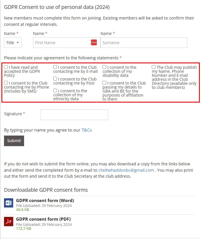Cheltenham Whaddon Bowling Club GDPR consent form