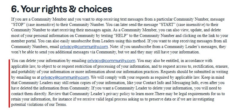 Community Privacy Policy: Rights clause