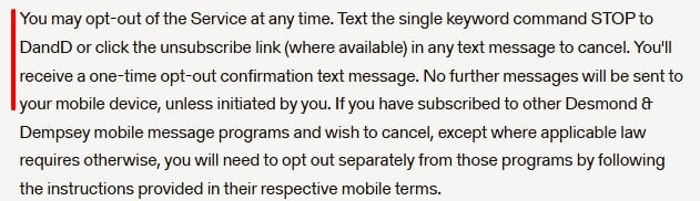 Desmond and Dempsey SMS Marketing Terms and Conditions: Opt out clause