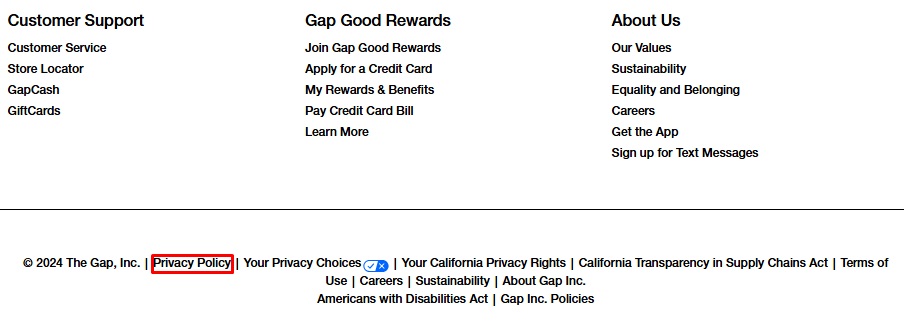Gap website footer with Privacy Policy link highlig