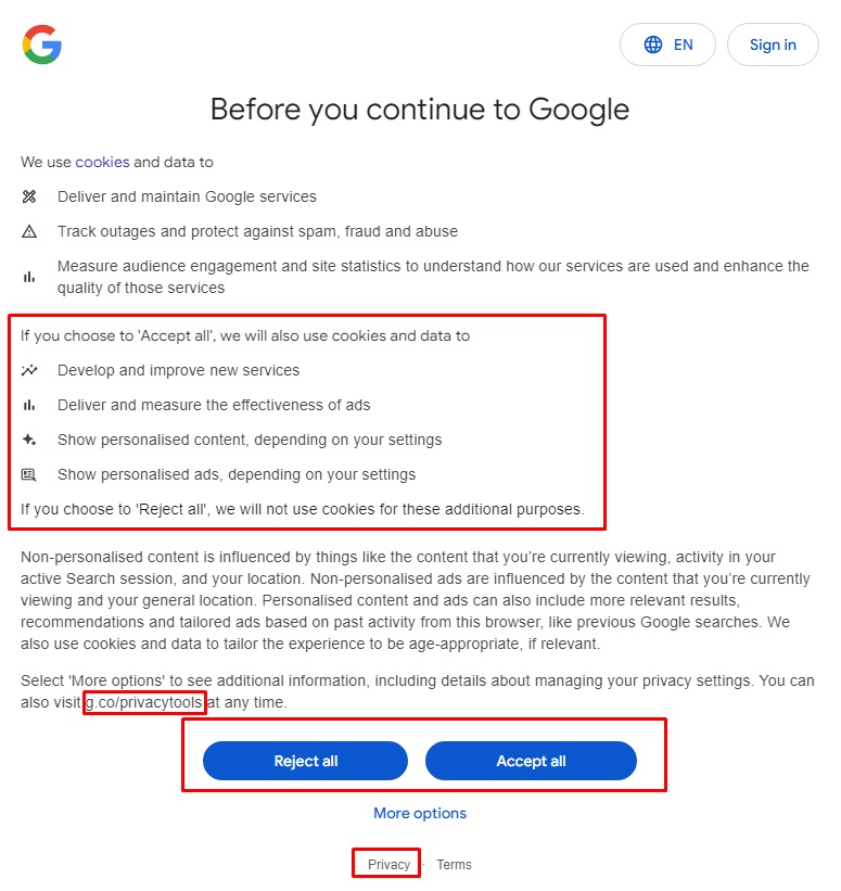 Google cookie banner