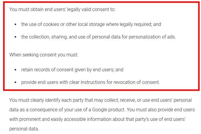 Google EU User Consent Policy excerpt
