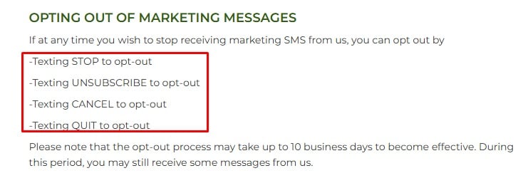 Green Paper Products SMS Privacy Policy: Opting Out clause