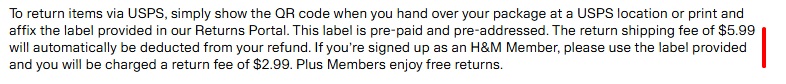 H and M Return Policy excerpt