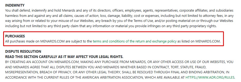 Menard Terms: Refund section