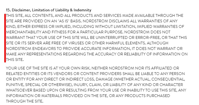 Nordstrom Terms and Conditions: Disclaimer limitation of liability clause