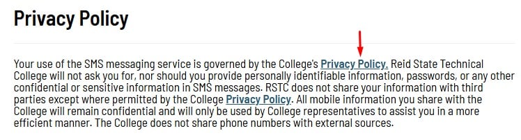 Red State Technical College SMS Terms and Conditions: Privacy Policy clause