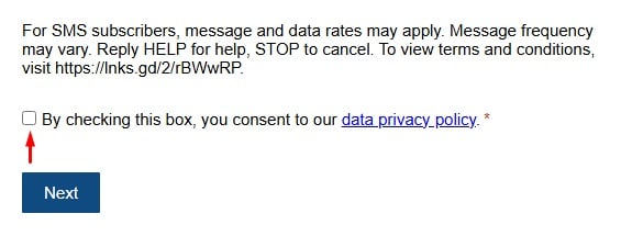 Sample consent to receive sms messages checkbox