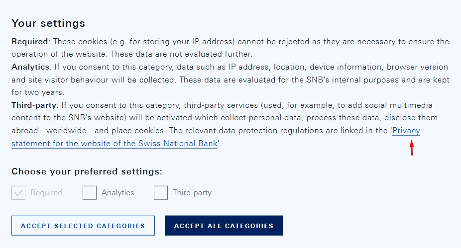 Swiss National Bank cookie settings